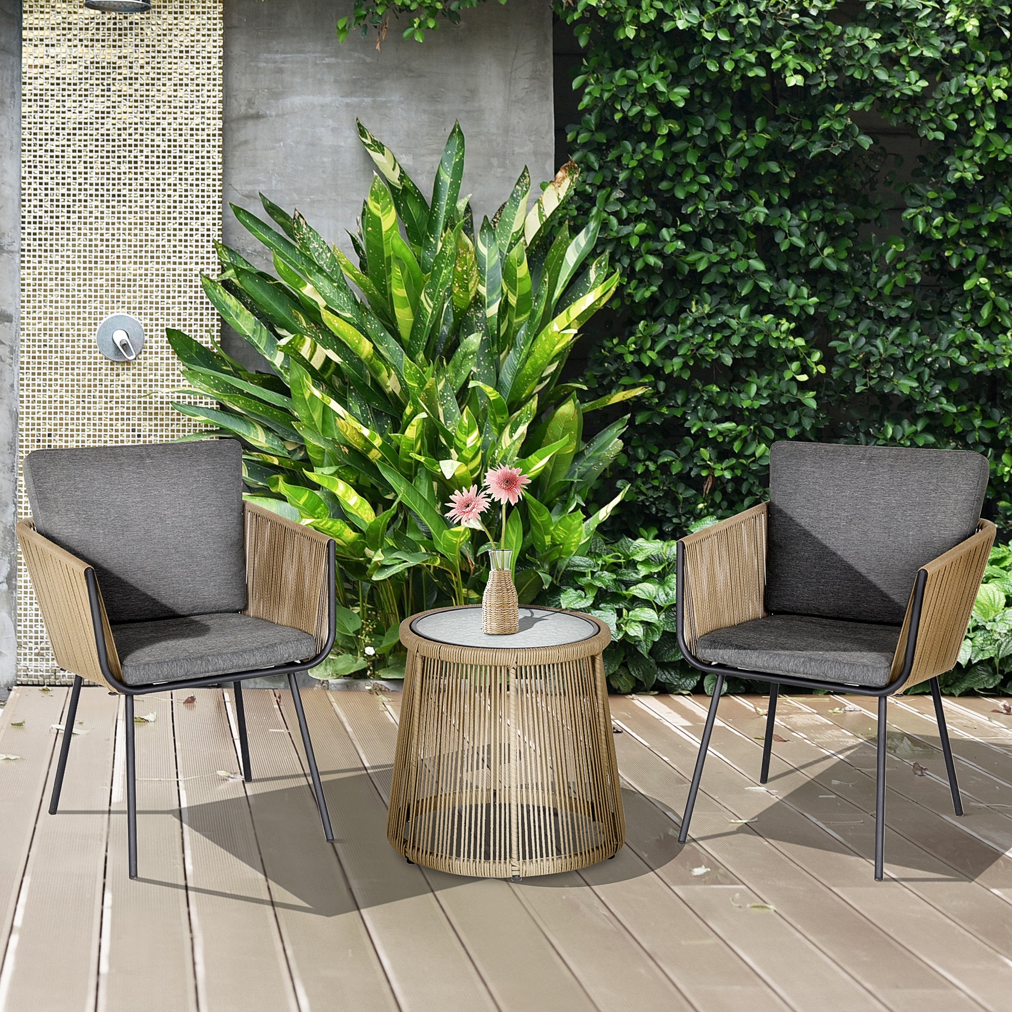 Poly Rattan Garden Furniture Set, Outdoor Balcony Furniture for 2 People, 3-piece Garden Furniture with 2 Chairs, Table Seat Cushions, Weatherproof Seating Group for Garden, Terrace Balcony, Gray