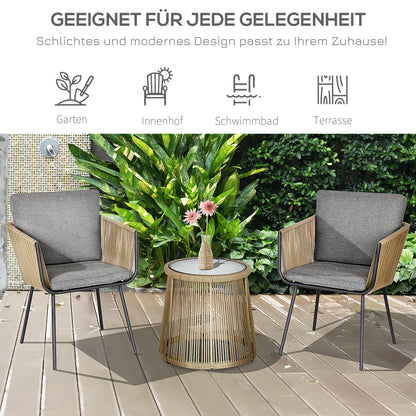 Poly Rattan Garden Furniture Set, Outdoor Balcony Furniture for 2 People, 3-piece Garden Furniture with 2 Chairs, Table Seat Cushions, Weatherproof Seating Group for Garden, Terrace Balcony, Gray