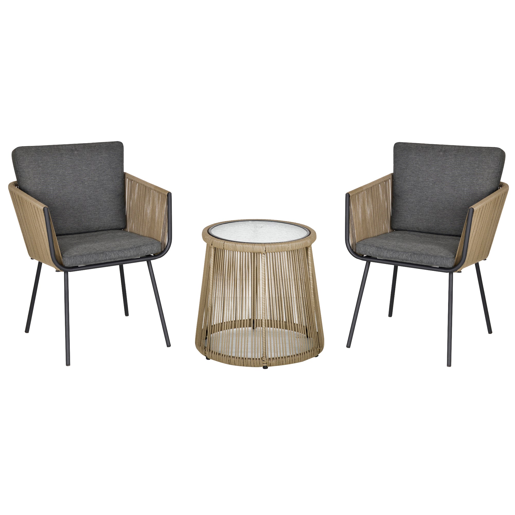 Poly Rattan Garden Furniture Set, Outdoor Balcony Furniture for 2 People, 3-piece Garden Furniture with 2 Chairs, Table Seat Cushions, Weatherproof Seating Group for Garden, Terrace Balcony, Gray