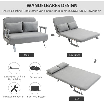 Sleeper Sofa Bed with Adjustable Backrest, Throw Pillows, Sofa Bed with Sleeping Function, Velvet Look, Armrest, Guest Bed, Folding Chair for Living Room, Bedroom, Light Grey