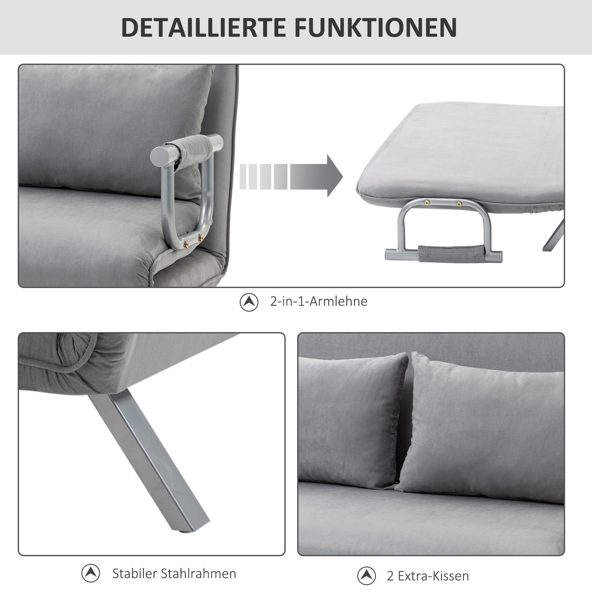 Sleeper Sofa Bed with Adjustable Backrest, Throw Pillows, Sofa Bed with Sleeping Function, Velvet Look, Armrest, Guest Bed, Folding Chair for Living Room, Bedroom, Light Grey