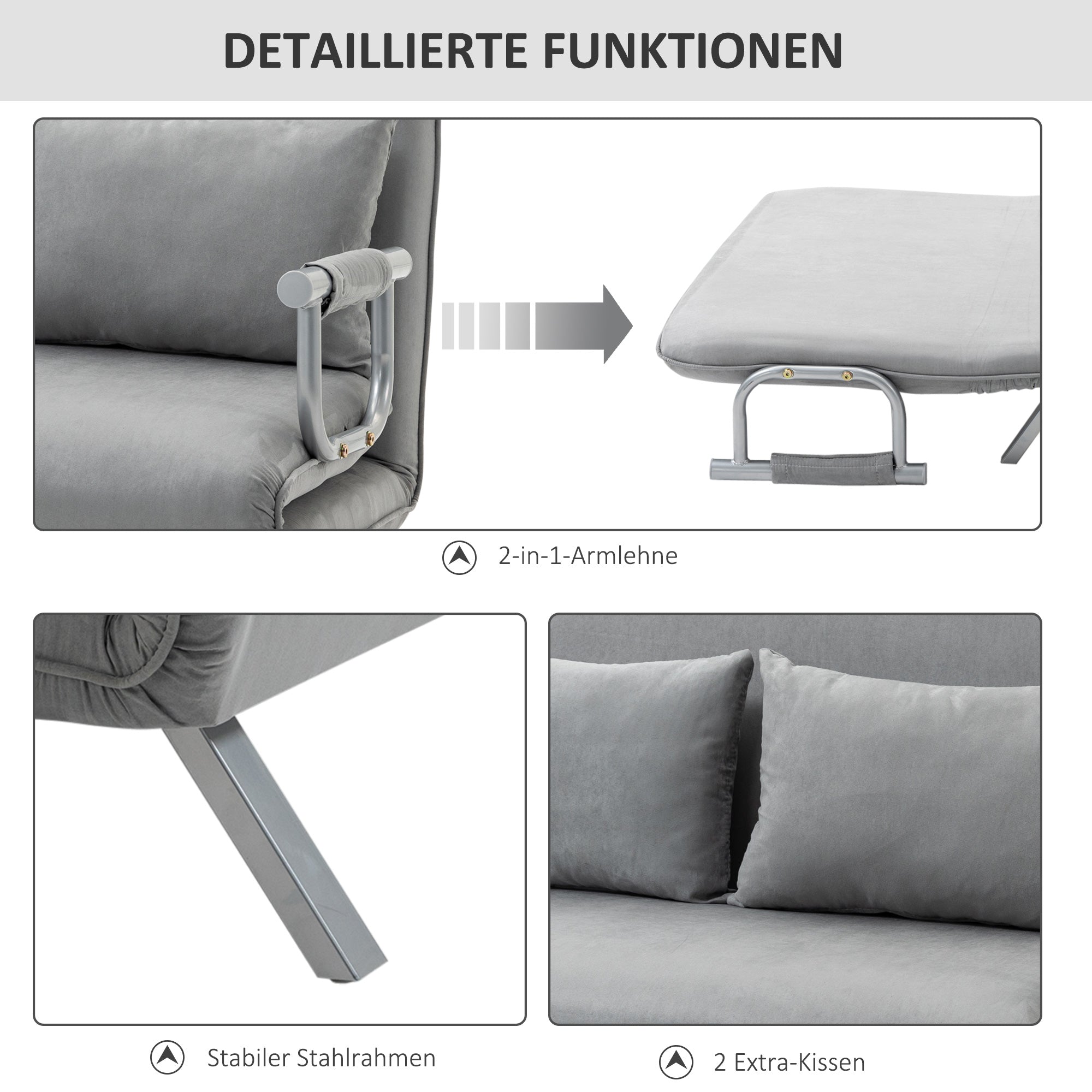 Sleeper Sofa Bed with Adjustable Backrest, Throw Pillows, Sofa Bed with Sleeping Function, Velvet Look, Armrest, Guest Bed, Folding Chair for Living Room, Bedroom, Light Grey