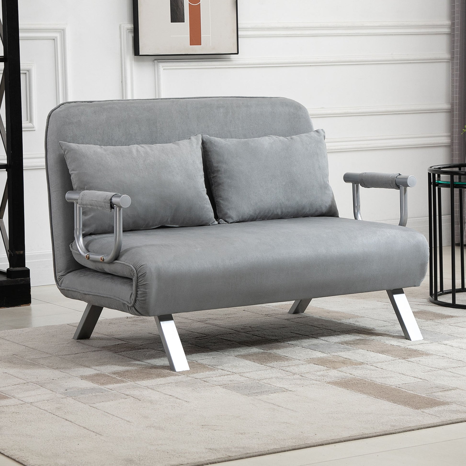 Sleeper Sofa Bed with Adjustable Backrest, Throw Pillows, Sofa Bed with Sleeping Function, Velvet Look, Armrest, Guest Bed, Folding Chair for Living Room, Bedroom, Light Grey