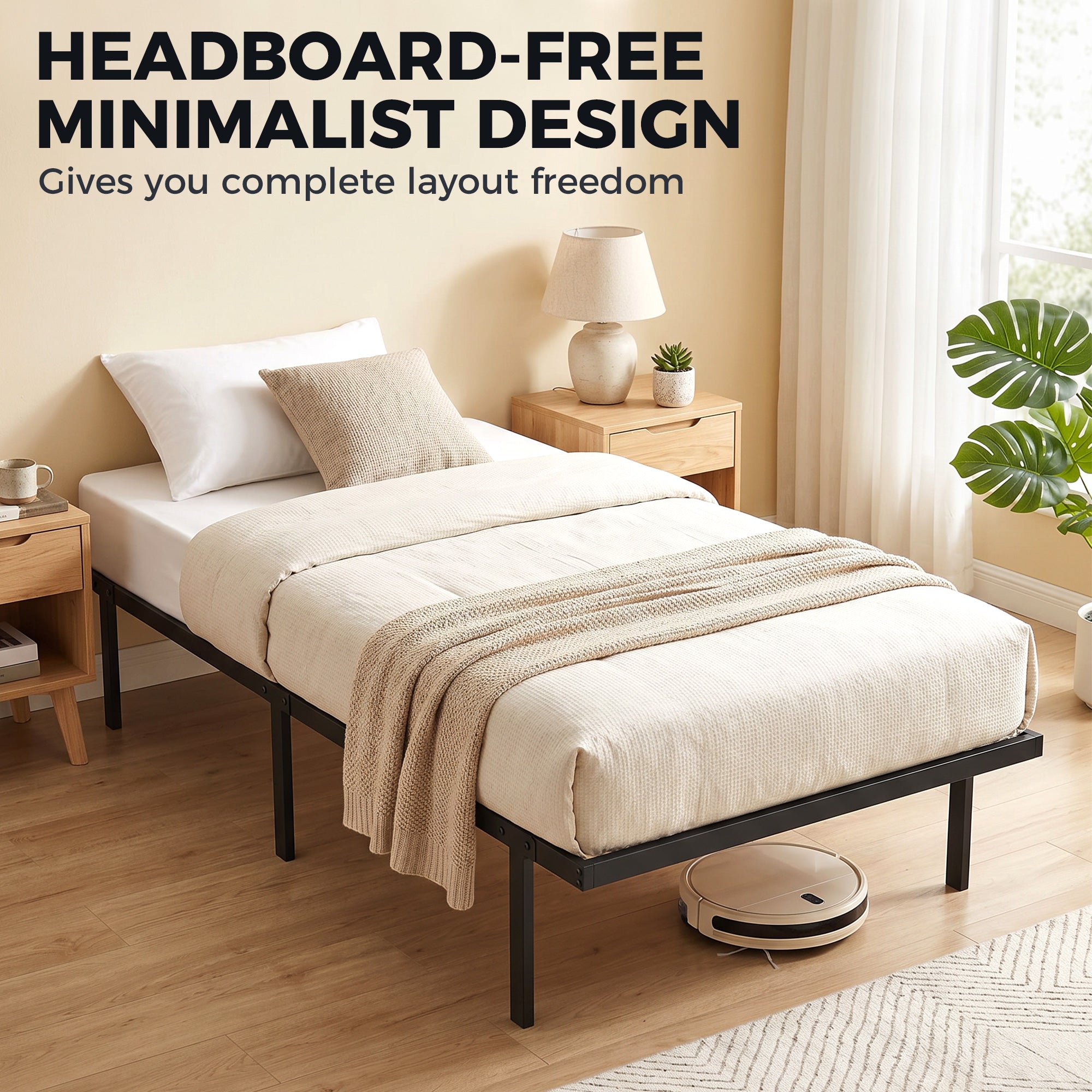 Metal Bed Frame with Under-Bed Storage, 14.0" Height, Quiet Design, No Slats Needed, Easy Assembly, 35.4 x 78.7 in (90 x 200 cm), Black