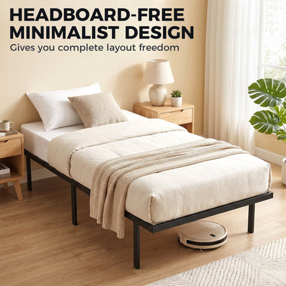Metal Bed Frame with Under-Bed Storage, 14.0" Height, Quiet Design, No Slats Needed, Easy Assembly, 35.4 x 78.7 in (90 x 200 cm), Black