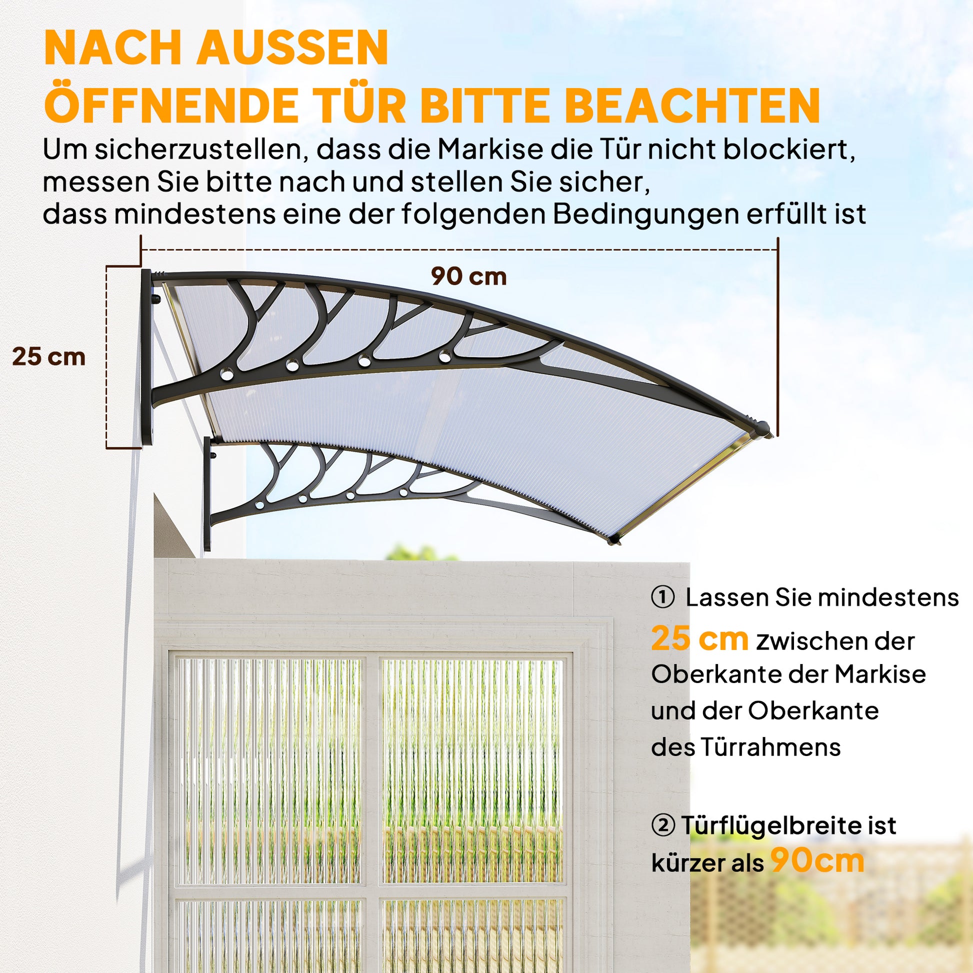 Front Door Canopy 90 x 150 cm Polycarbonate Door Canopy, Sloping Arch Canopy with UV Protection, Sunshade Rain Protection for Outdoor, White