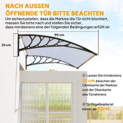 Front Door Canopy 90 x 150 cm Polycarbonate Door Canopy, Sloping Arch Canopy with UV Protection, Sunshade Rain Protection for Outdoor, White