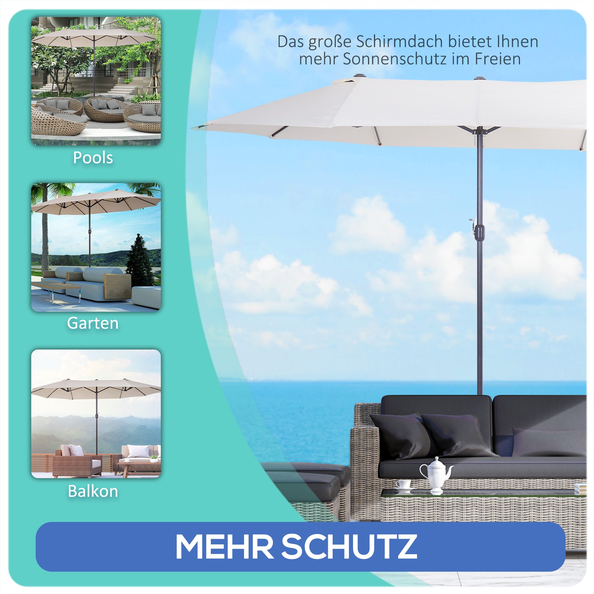 Double Sun Umbrella 455 x 265 cm, UV Protection Sun Umbrella with Hand Crank, Balcony Umbrella Beach Umbrella Windproof Crank Umbrella Sun Protection for Beach Balcony Garden, Beige