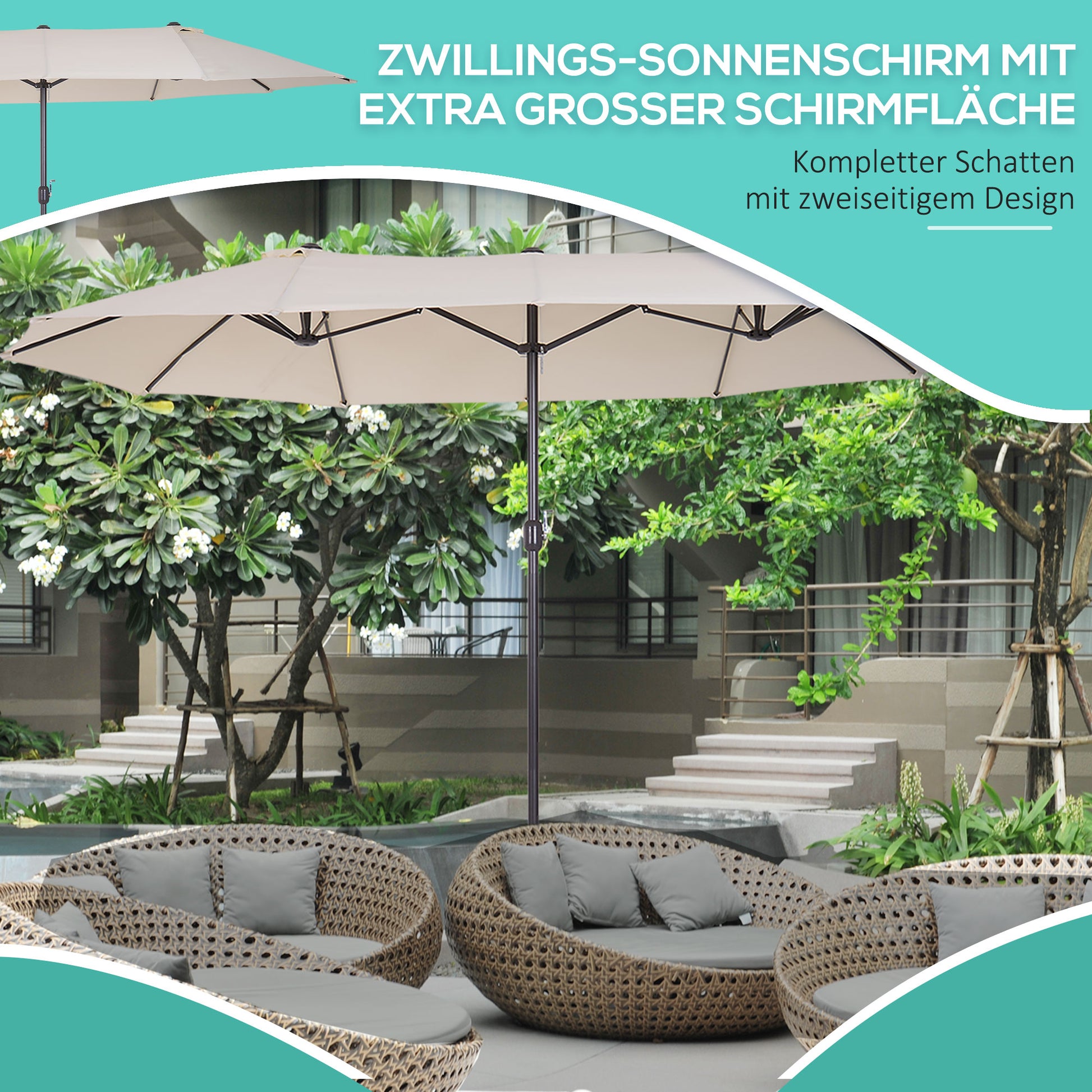 Double Sun Umbrella 455 x 265 cm, UV Protection Sun Umbrella with Hand Crank, Balcony Umbrella Beach Umbrella Windproof Crank Umbrella Sun Protection for Beach Balcony Garden, Beige