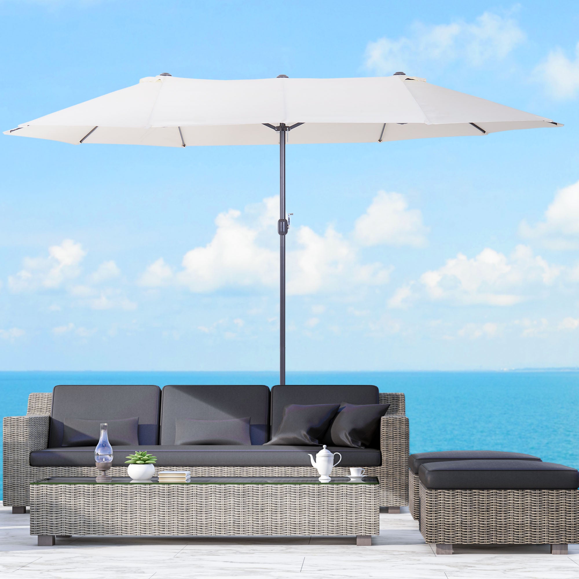 Double Sun Umbrella 455 x 265 cm, UV Protection Sun Umbrella with Hand Crank, Balcony Umbrella Beach Umbrella Windproof Crank Umbrella Sun Protection for Beach Balcony Garden, Beige