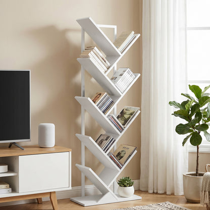 Tree-Shaped 9-Tier Slim Bookshelf, Corner/Storage Shelf for CDs, DVDs, Vinyl, Living Room, Bedroom, Office, White