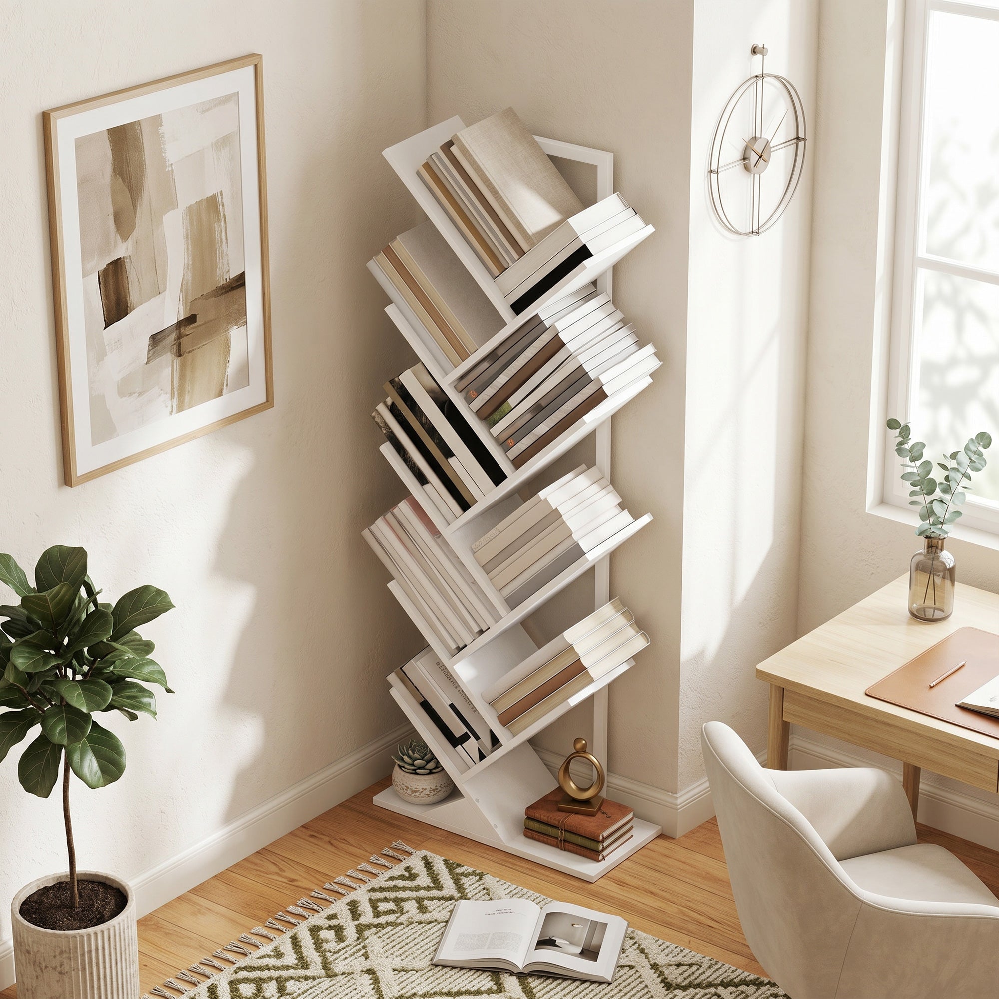 Tree-Shaped 9-Tier Slim Bookshelf, Corner/Storage Shelf for CDs, DVDs, Vinyl, Living Room, Bedroom, Office, White