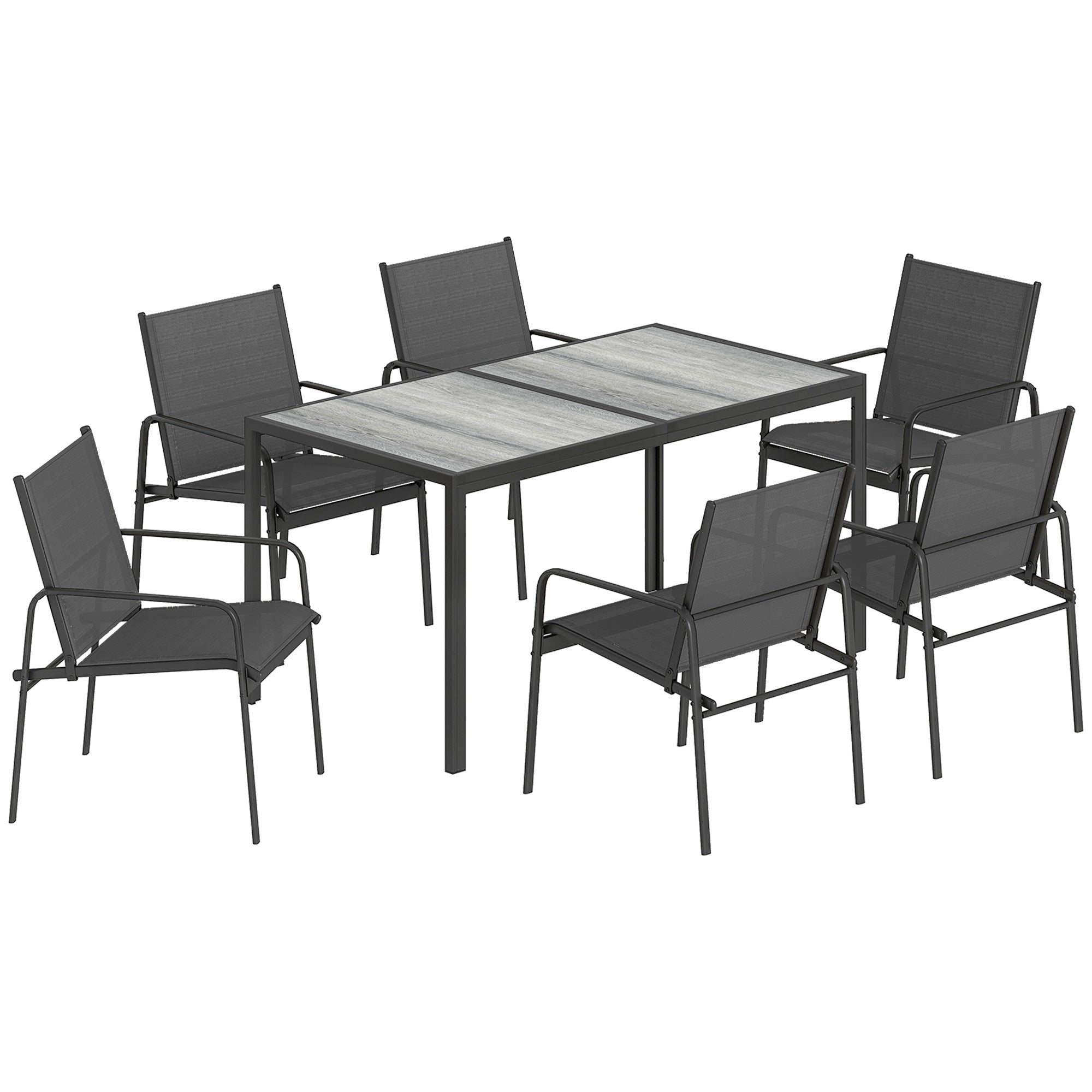 7-Piece Outdoor Dining Set – Wood-Effect Table & 6 Breathable Mesh Chairs, Galvanized Steel Frame, Black