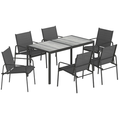 7-Piece Outdoor Dining Set – Wood-Effect Table & 6 Breathable Mesh Chairs, Galvanized Steel Frame, Black