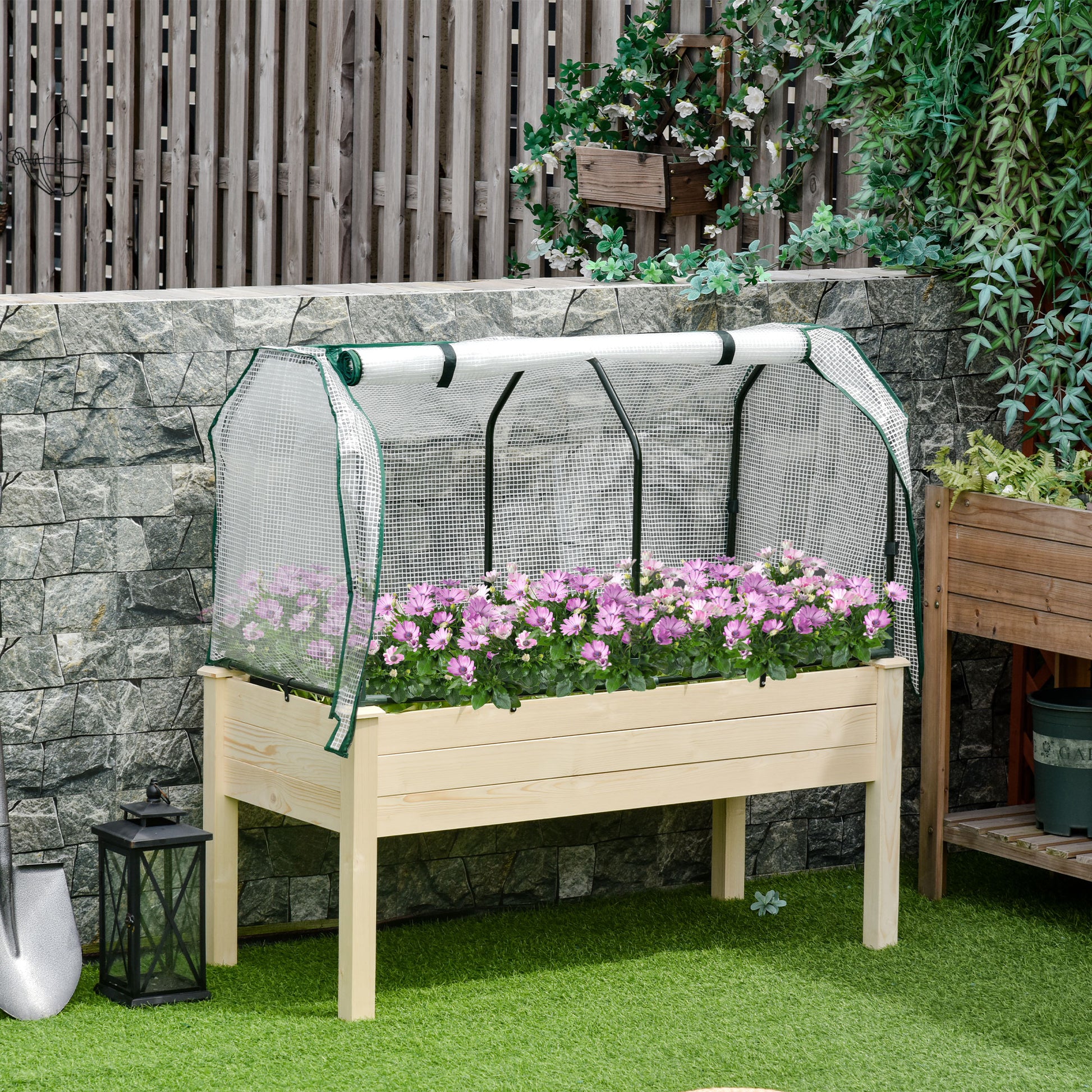 Raised Bed Cold Frame with Greenhouse, Vegetable Bed with Fabric Lining, Herb Bed with Steel Frame, Planter Box for Garden, Balcony, Natural Fir 121 x 55 x 117cm