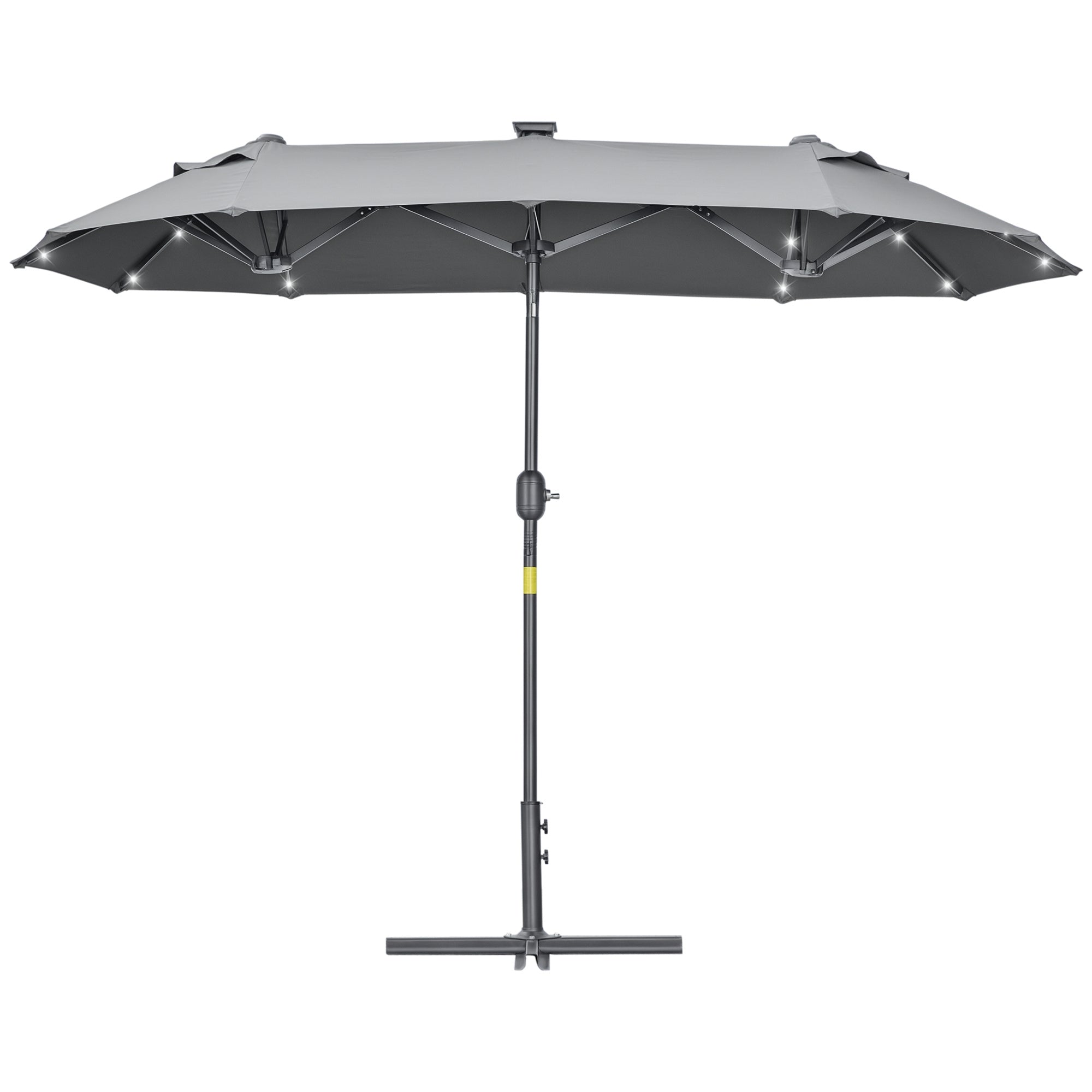 Double Umbrella 295x150x219 cm Garden Umbrella with Solar LED Lights Adjustable Tilt Roof and Manual Crank for Patio Pool Beach Gray