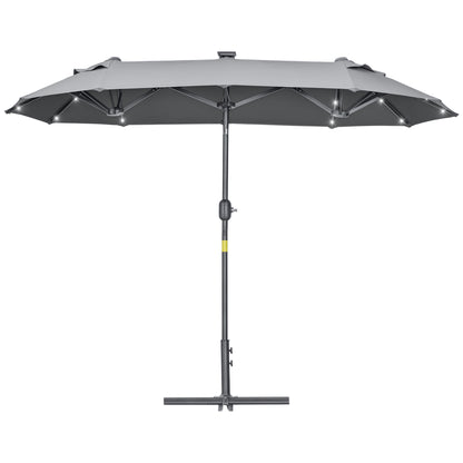 Double Umbrella 295x150x219 cm Garden Umbrella with Solar LED Lights Adjustable Tilt Roof and Manual Crank for Patio Pool Beach Gray