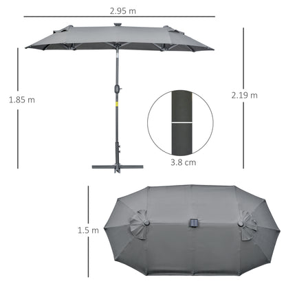 Double Umbrella 295x150x219 cm Garden Umbrella with Solar LED Lights Adjustable Tilt Roof and Manual Crank for Patio Pool Beach Gray