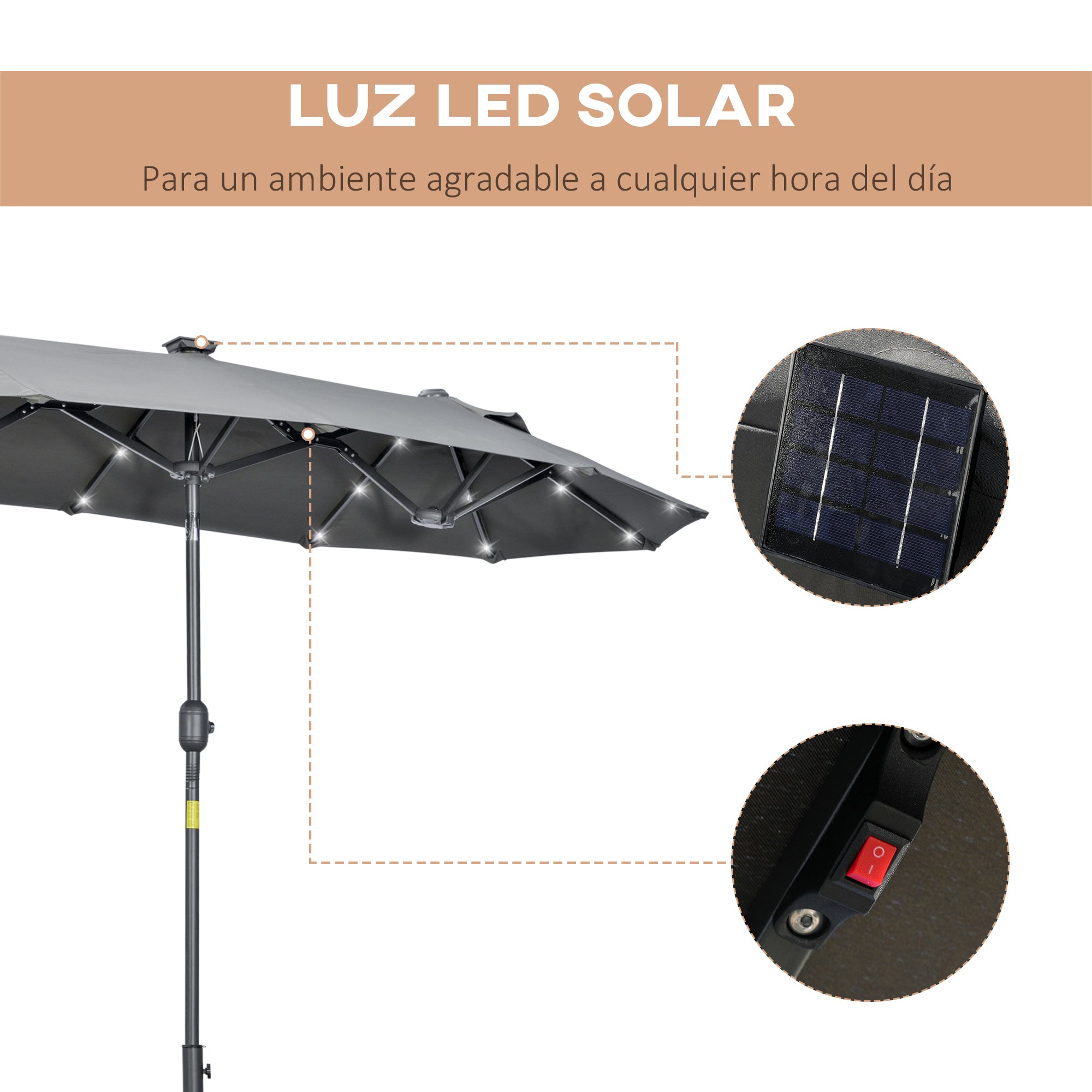 Double Umbrella 295x150x219 cm Garden Umbrella with Solar LED Lights Adjustable Tilt Roof and Manual Crank for Patio Pool Beach Gray