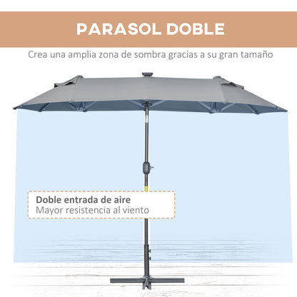 Double Umbrella 295x150x219 cm Garden Umbrella with Solar LED Lights Adjustable Tilt Roof and Manual Crank for Patio Pool Beach Gray