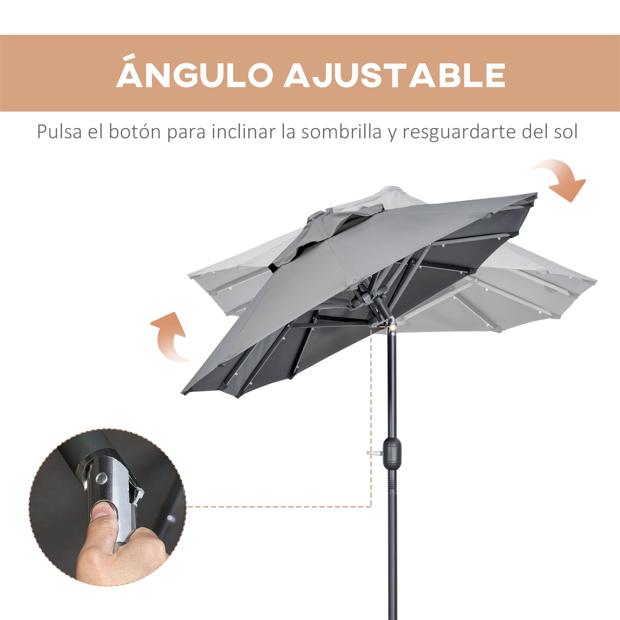 Double Umbrella 295x150x219 cm Garden Umbrella with Solar LED Lights Adjustable Tilt Roof and Manual Crank for Patio Pool Beach Gray