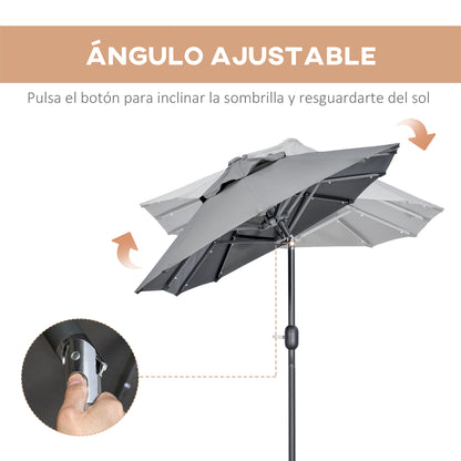 Double Umbrella 295x150x219 cm Garden Umbrella with Solar LED Lights Adjustable Tilt Roof and Manual Crank for Patio Pool Beach Gray