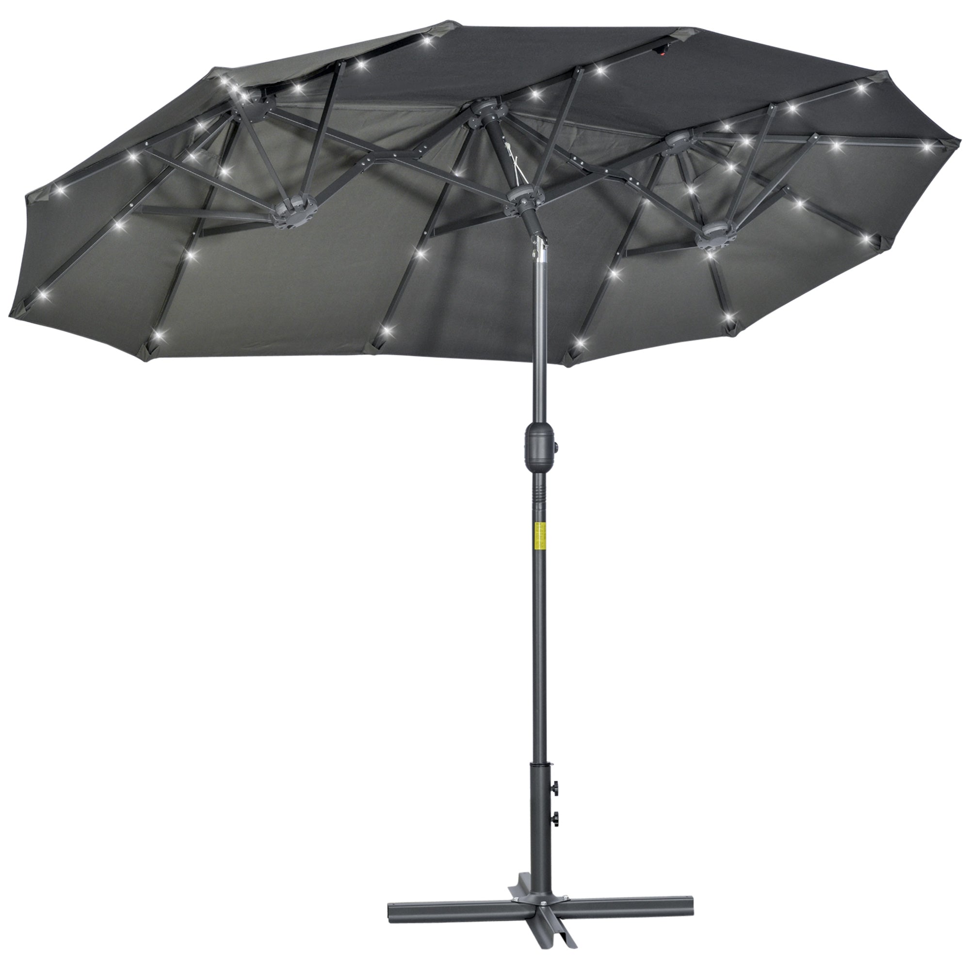 Double Umbrella 295x150x219 cm Garden Umbrella with Solar LED Lights Adjustable Tilt Roof and Manual Crank for Patio Pool Beach Gray
