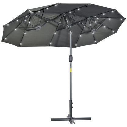 Double Umbrella 295x150x219 cm Garden Umbrella with Solar LED Lights Adjustable Tilt Roof and Manual Crank for Patio Pool Beach Gray