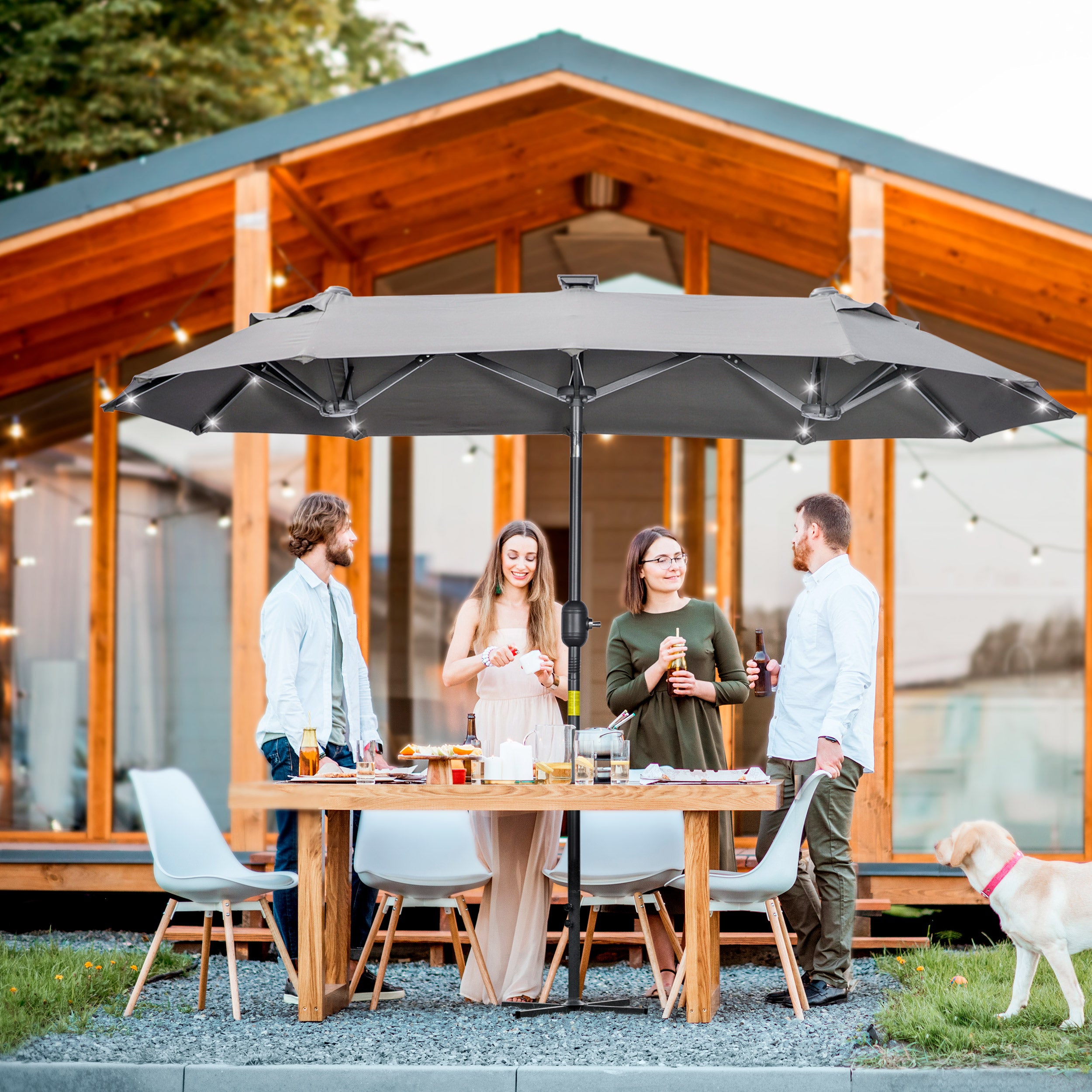 Double Umbrella 295x150x219 cm Garden Umbrella with Solar LED Lights Adjustable Tilt Roof and Manual Crank for Patio Pool Beach Gray