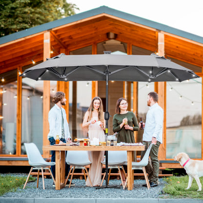 Double Umbrella 295x150x219 cm Garden Umbrella with Solar LED Lights Adjustable Tilt Roof and Manual Crank for Patio Pool Beach Gray