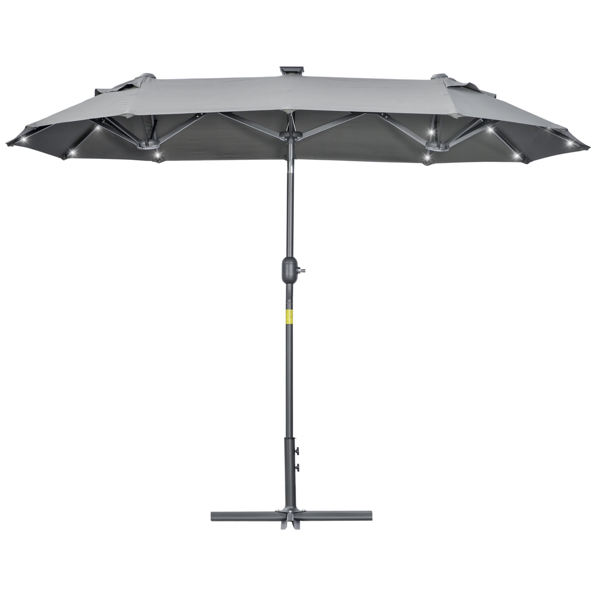 Double Umbrella 295x150x219 cm Garden Umbrella with Solar LED Lights Adjustable Tilt Roof and Manual Crank for Patio Pool Beach Gray