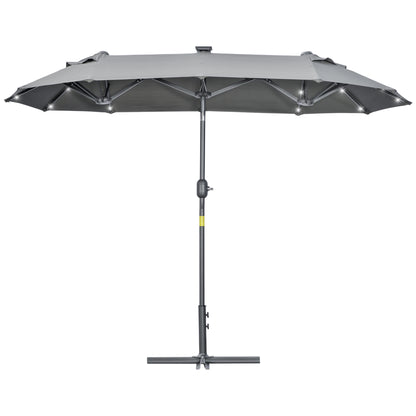 Double Umbrella 295x150x219 cm Garden Umbrella with Solar LED Lights Adjustable Tilt Roof and Manual Crank for Patio Pool Beach Gray