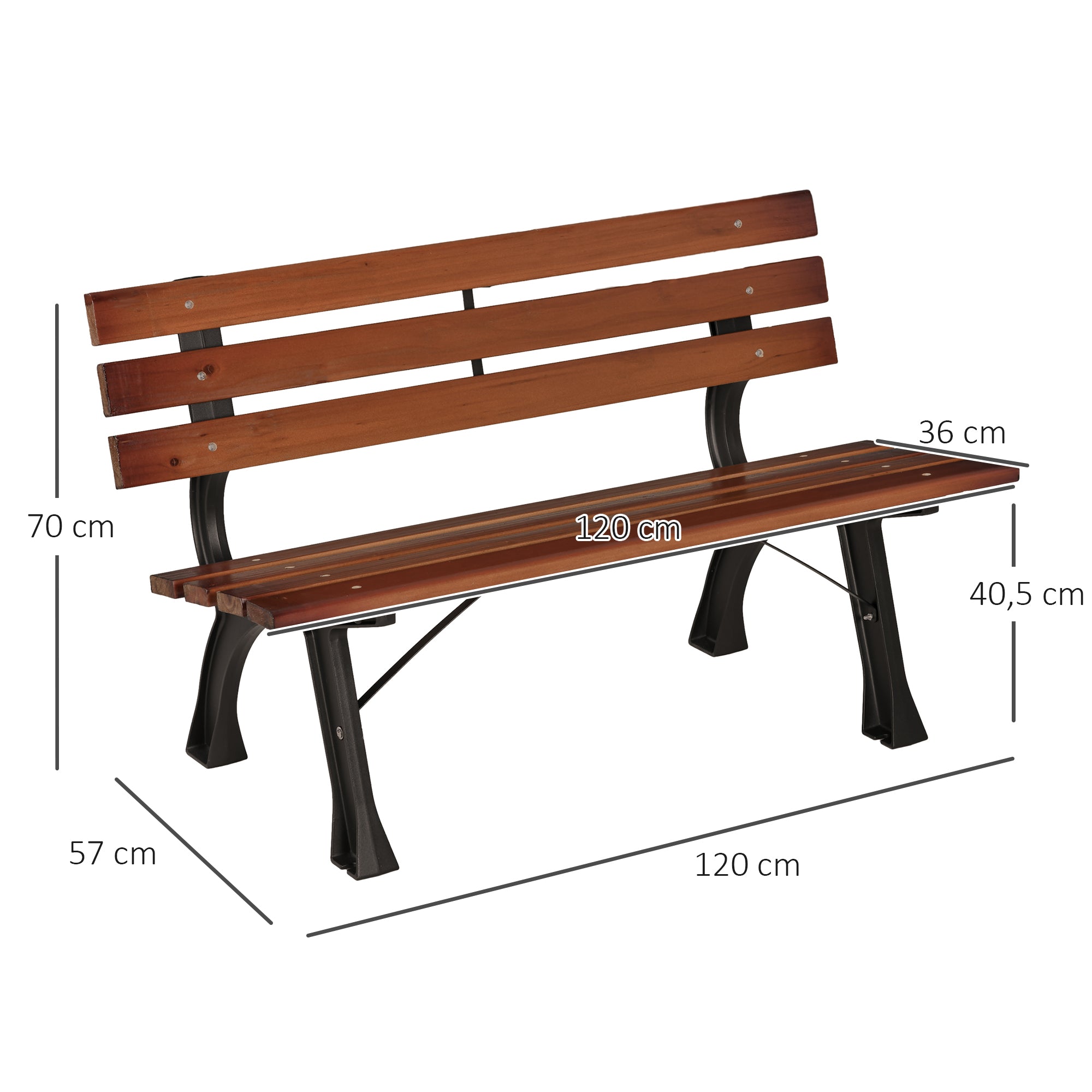 Outdoor Garden Bench 2-Seater in Aluminum and Wooden Slats, dim. 120L x 57W x 70H cm