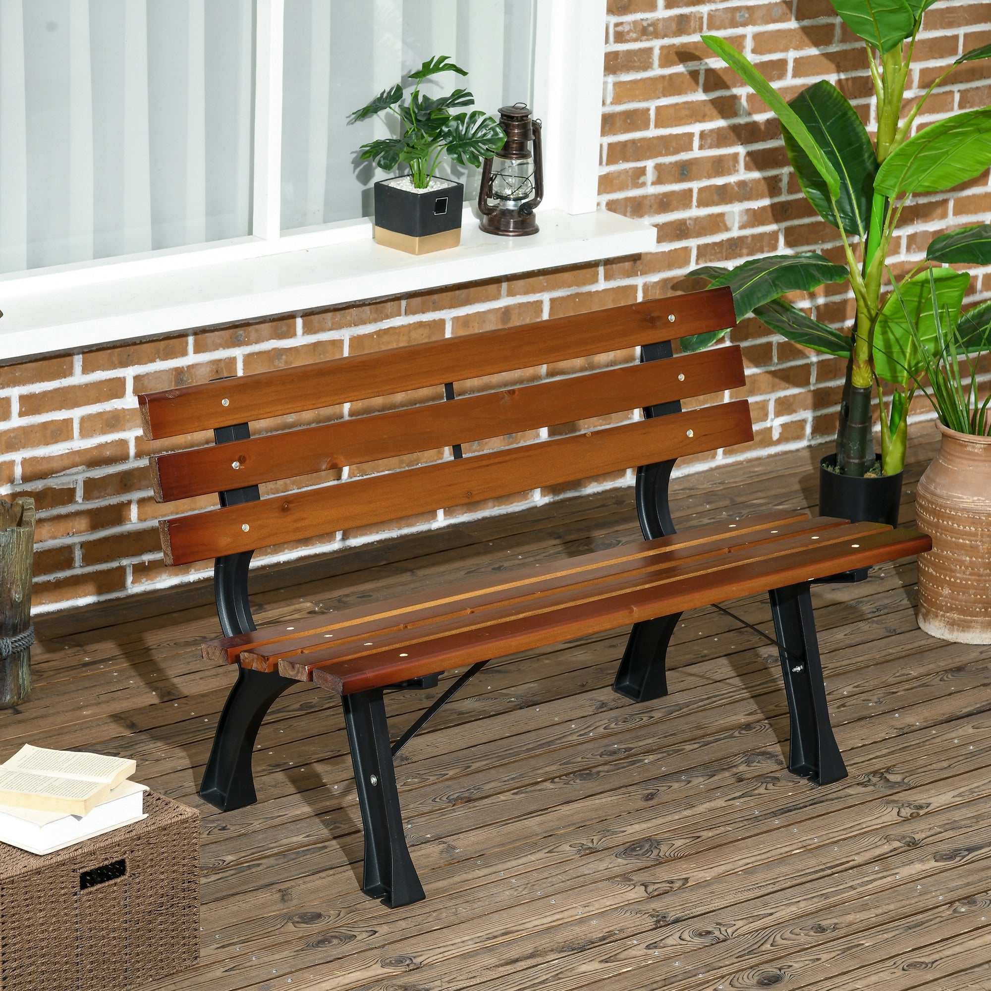 Outdoor Garden Bench 2-Seater in Aluminum and Wooden Slats, dim. 120L x 57W x 70H cm