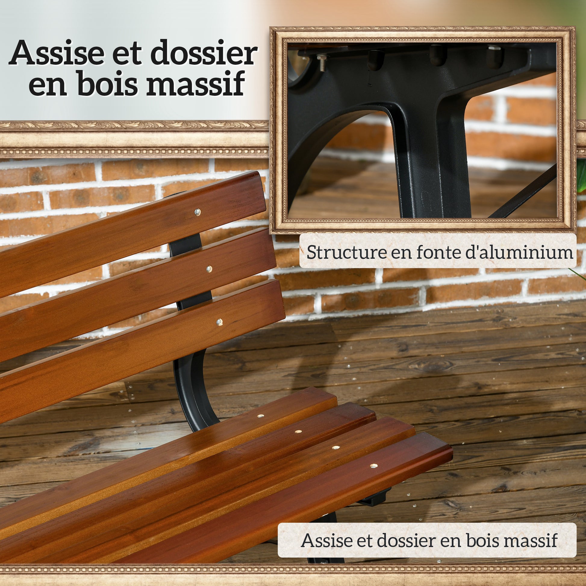 Outdoor Garden Bench 2-Seater in Aluminum and Wooden Slats, dim. 120L x 57W x 70H cm