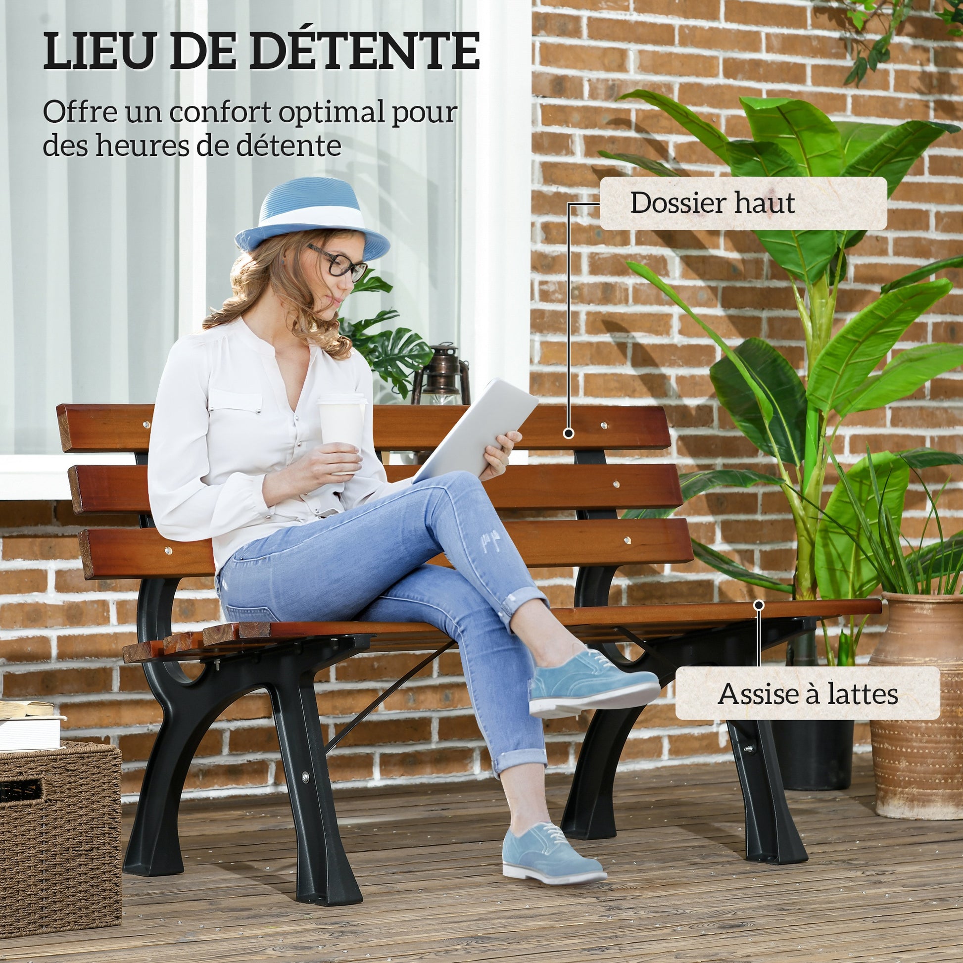 Outdoor Garden Bench 2-Seater in Aluminum and Wooden Slats, dim. 120L x 57W x 70H cm