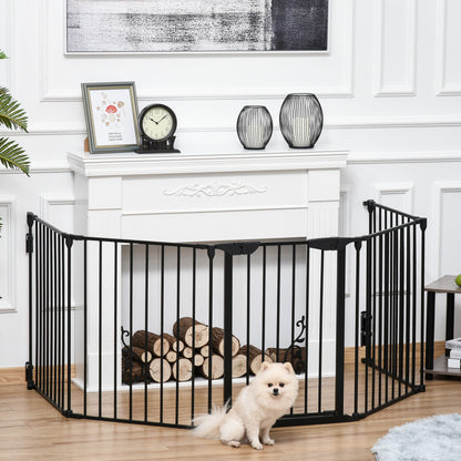 2 in 1 Puppy Pen 5-Piece Foldable Barrier Gate for Dogs with Door, DIY Puppy Playpen Fireplace Guard Oven Guard for Small and Medium Dogs, 300 x 74.5 cm, Metal, Black