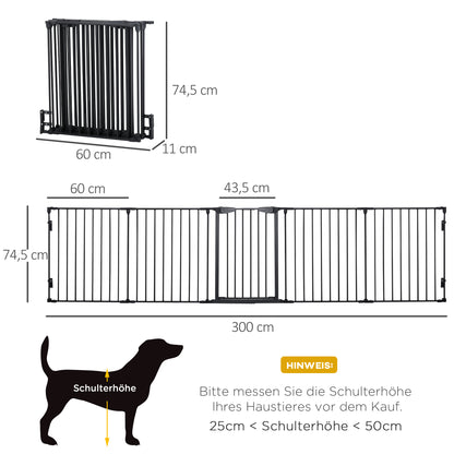 2 in 1 Puppy Pen 5-Piece Foldable Barrier Gate for Dogs with Door, DIY Puppy Playpen Fireplace Guard Oven Guard for Small and Medium Dogs, 300 x 74.5 cm, Metal, Black