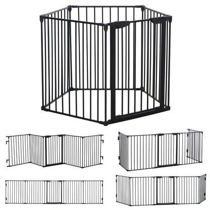 2 in 1 Puppy Pen 5-Piece Foldable Barrier Gate for Dogs with Door, DIY Puppy Playpen Fireplace Guard Oven Guard for Small and Medium Dogs, 300 x 74.5 cm, Metal, Black