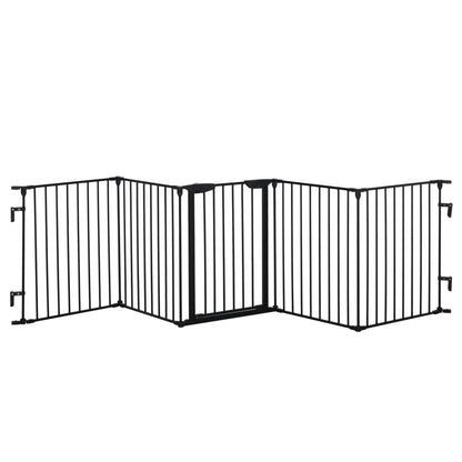 2 in 1 Puppy Pen 5-Piece Foldable Barrier Gate for Dogs with Door, DIY Puppy Playpen Fireplace Guard Oven Guard for Small and Medium Dogs, 300 x 74.5 cm, Metal, Black