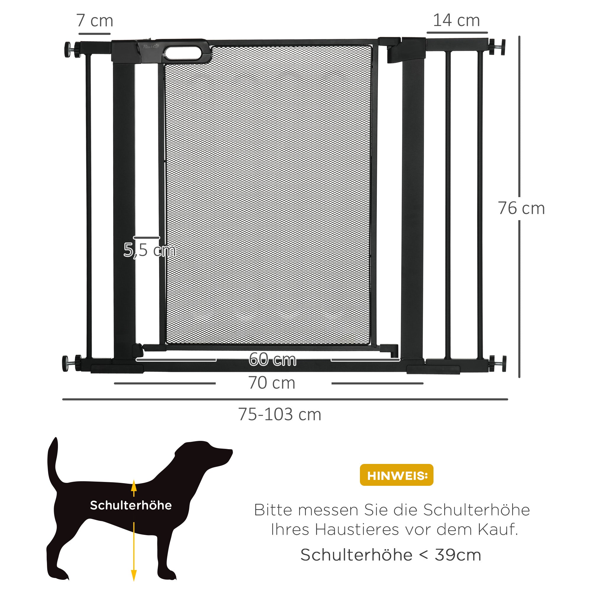 Dog Door Guard, Stair Gate, Dog Guard without Drilling, 75-103 cm Width Barrier, Auto-Close, for Children, Cats, Steel, Black
