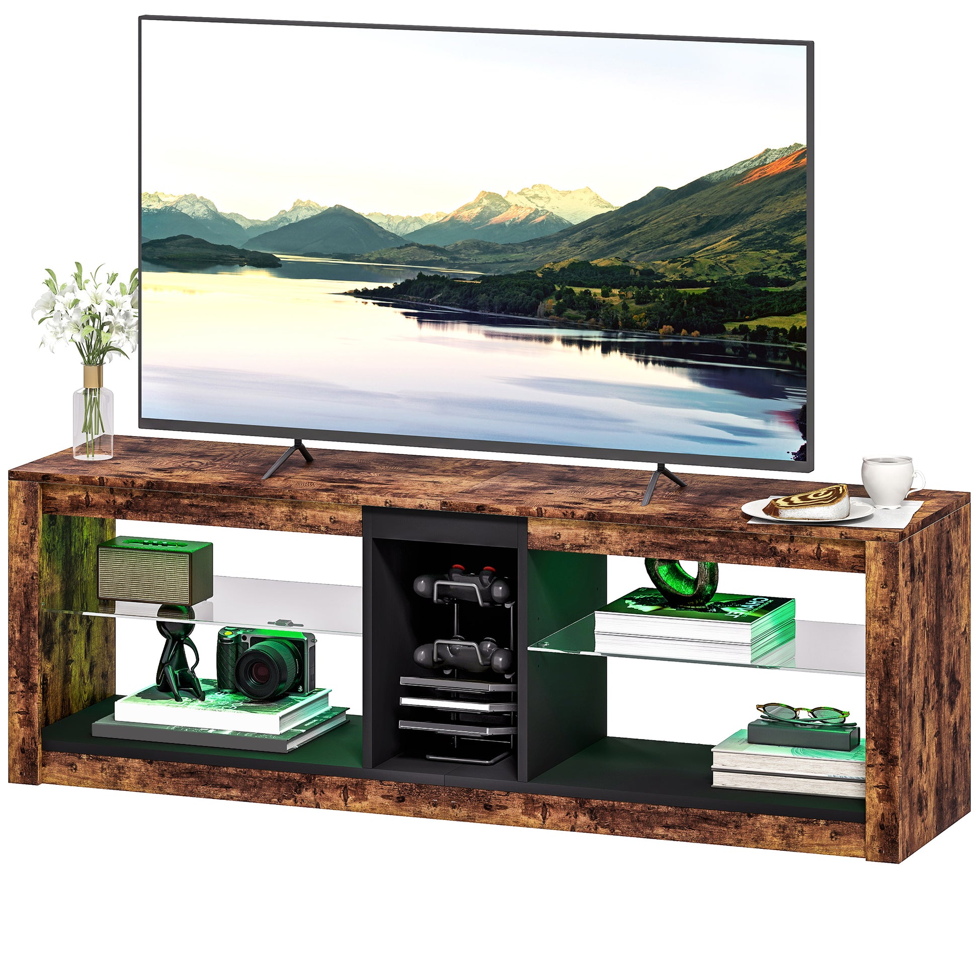 TV Stand with LED Lights and Remote Control, TV Cabinet for TVs up to 65 Inches with Shelves and Open Compartments, for Living Room Bedroom, 140x35x47cm, Brown