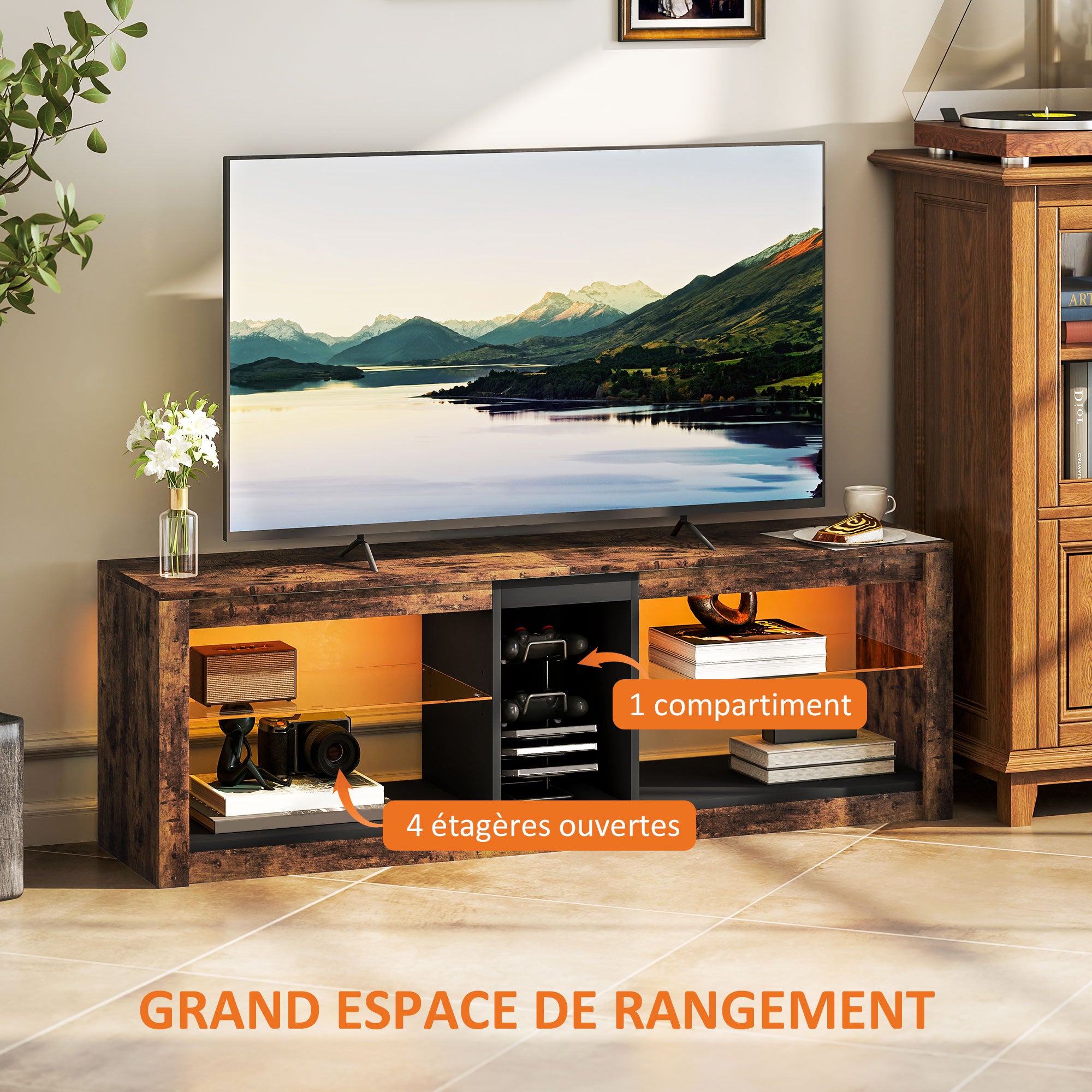 TV Stand with LED Lights and Remote Control, TV Cabinet for TVs up to 65 Inches with Shelves and Open Compartments, for Living Room Bedroom, 140x35x47cm, Brown