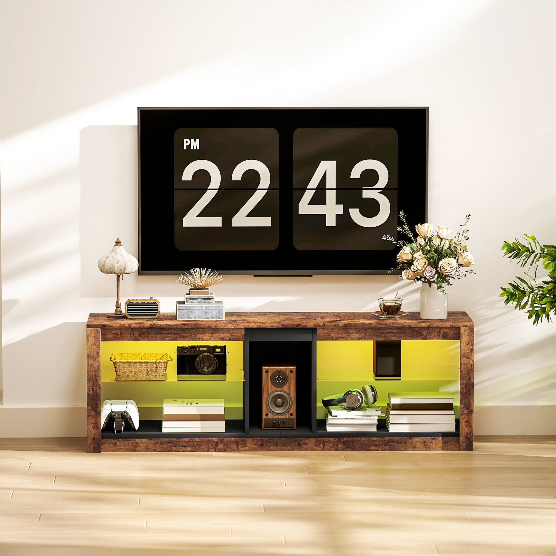 TV Stand with LED Lights and Remote Control, TV Cabinet for TVs up to 65 Inches with Shelves and Open Compartments, for Living Room Bedroom, 140x35x47cm, Brown