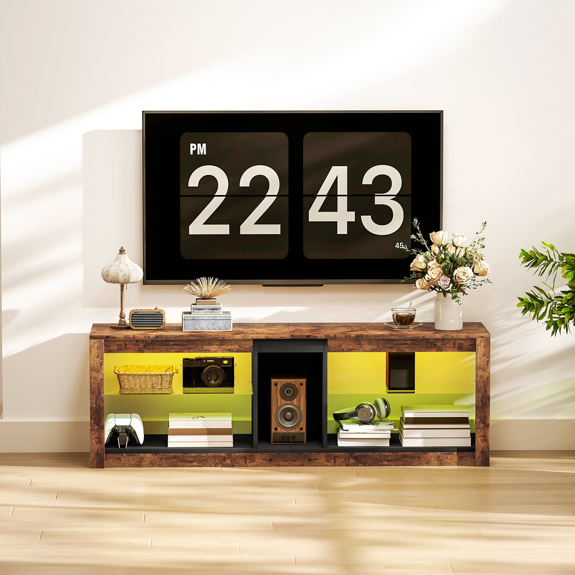 TV Stand with LED Lights and Remote Control, TV Cabinet for TVs up to 65 Inches with Shelves and Open Compartments, for Living Room Bedroom, 140x35x47cm, Brown