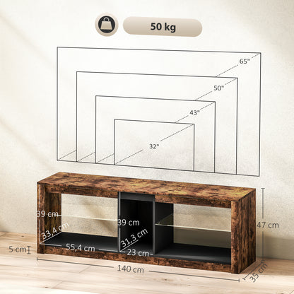 TV Stand with LED Lights and Remote Control, TV Cabinet for TVs up to 65 Inches with Shelves and Open Compartments, for Living Room Bedroom, 140x35x47cm, Brown