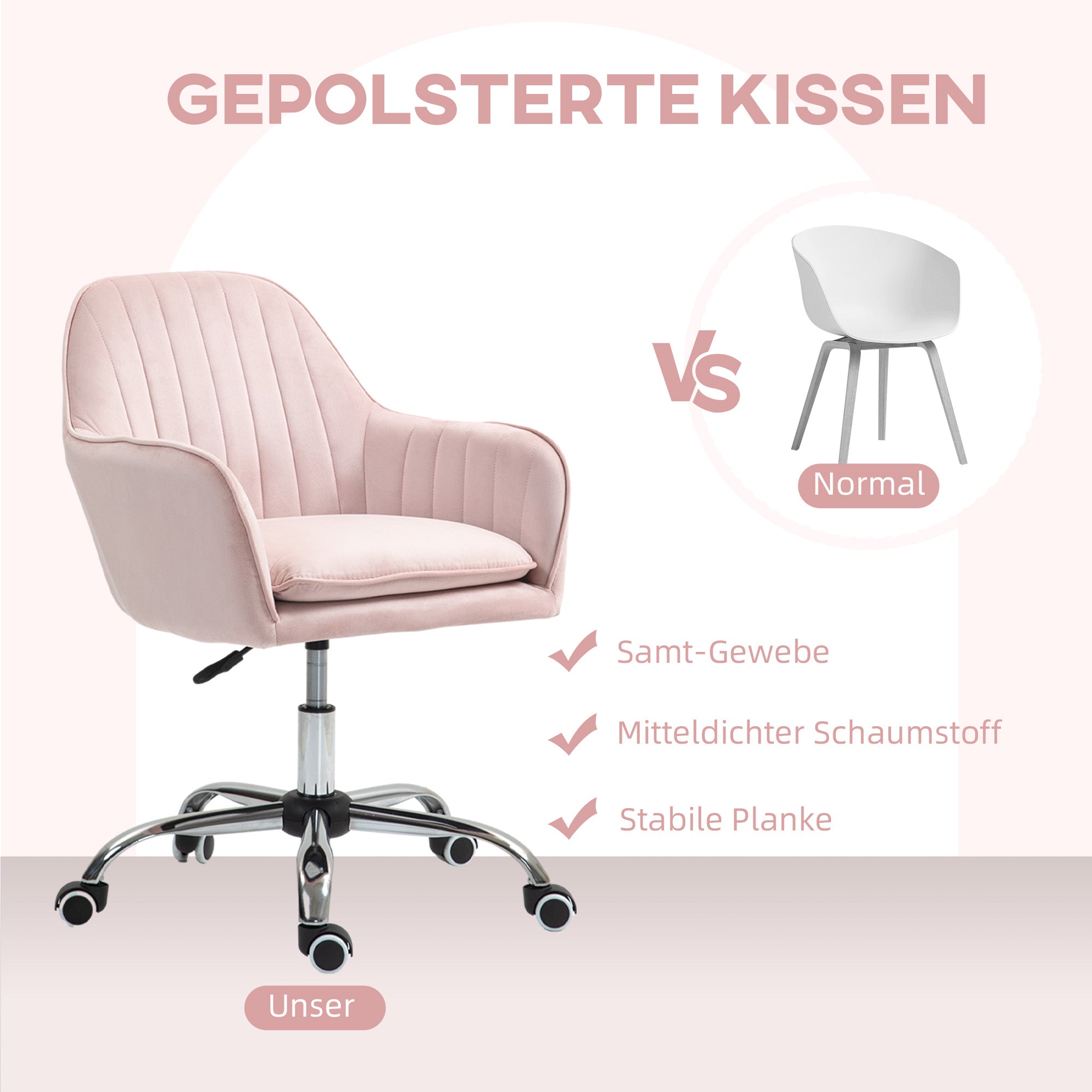 Height Adjustable Desk Chair Swivel Home Office Chair with Back and Armrest Velvet Makeup Chair for Study, Pink
