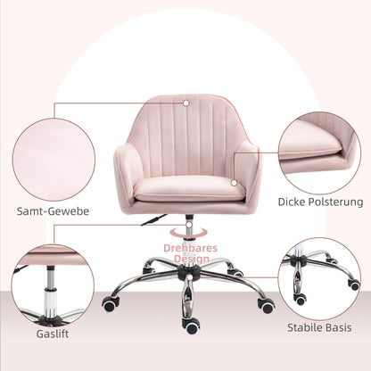 Height Adjustable Desk Chair Swivel Home Office Chair with Back and Armrest Velvet Makeup Chair for Study, Pink