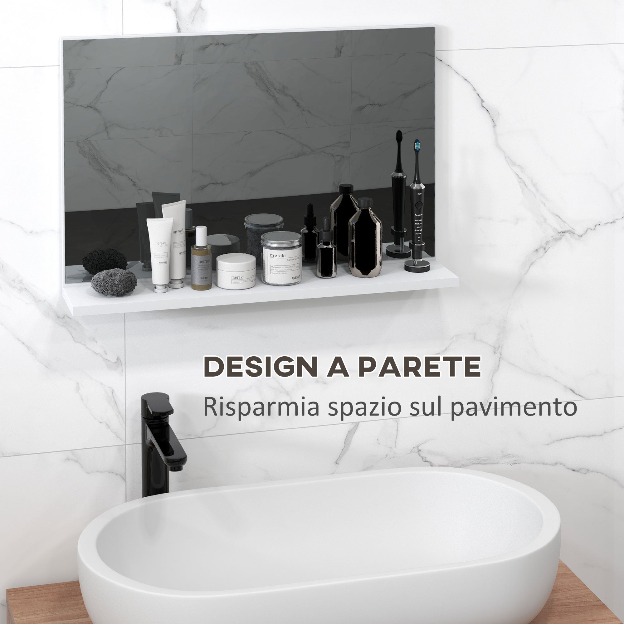 Wall Bathroom Mirror with Shelf, Modern Multi-Purpose Mirror for Bathroom, Bedroom, and Entryway, 60x12x40 cm, White