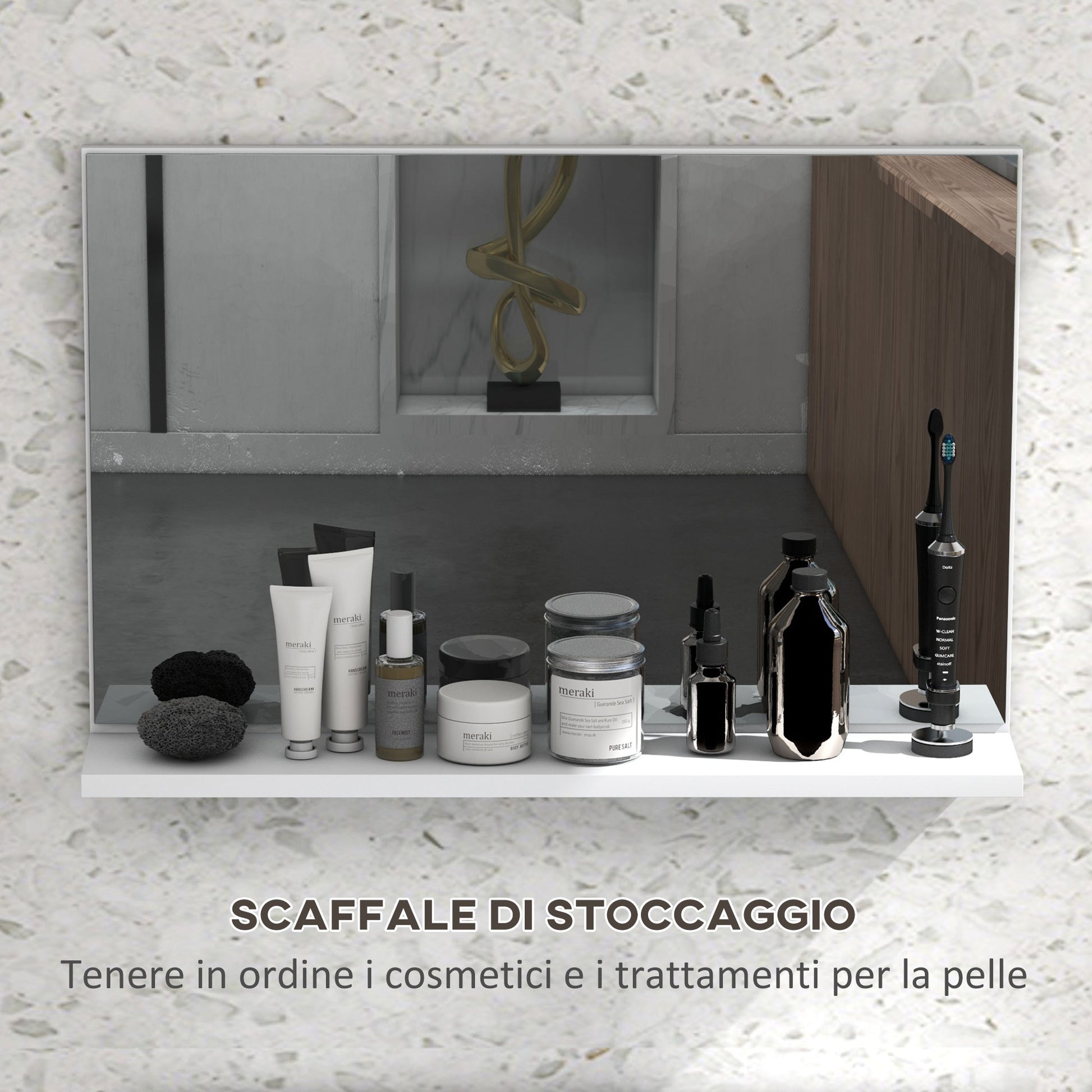 Wall Bathroom Mirror with Shelf, Modern Multi-Purpose Mirror for Bathroom, Bedroom, and Entryway, 60x12x40 cm, White